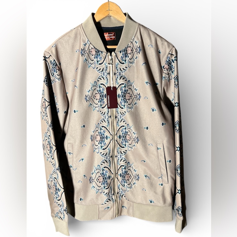 Men's Beige Patterned Bomber Jacket - Picture 2 of 11